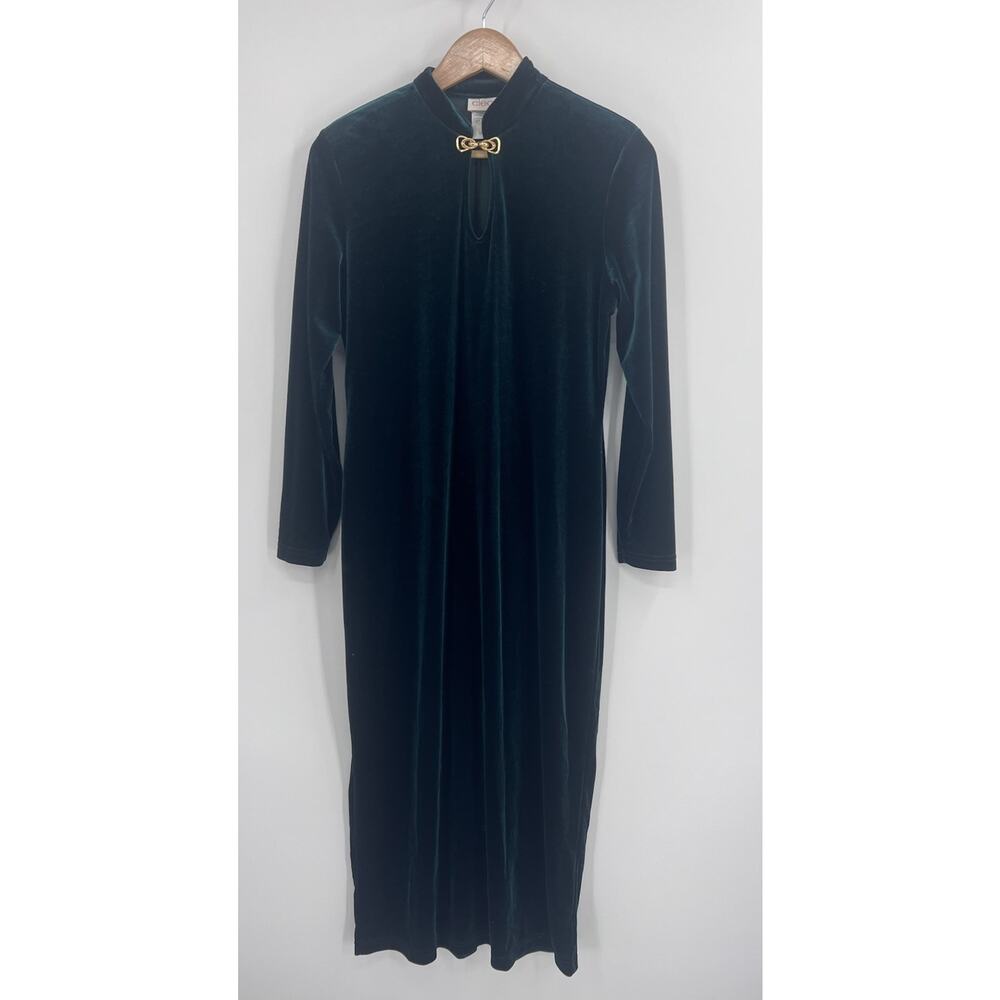 VTG Cleo Emerald Green Velvet Long Sleeve Maxi Dress Gold Clasp 10 Retro Glam